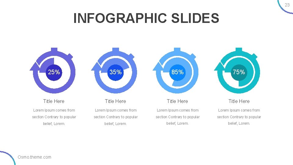 23 INFOGRAPHIC SLIDES 25% 35% 85% 75% Title Here Lorem Ipsum comes from section