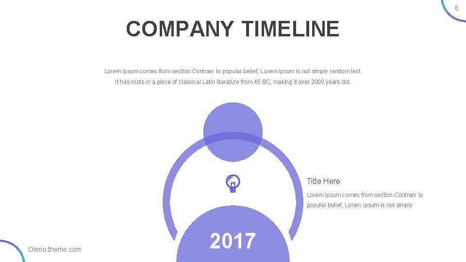 6 COMPANY TIMELINE Lorem Ipsum comes from section Contrary to popular belief, Lorem Ipsum