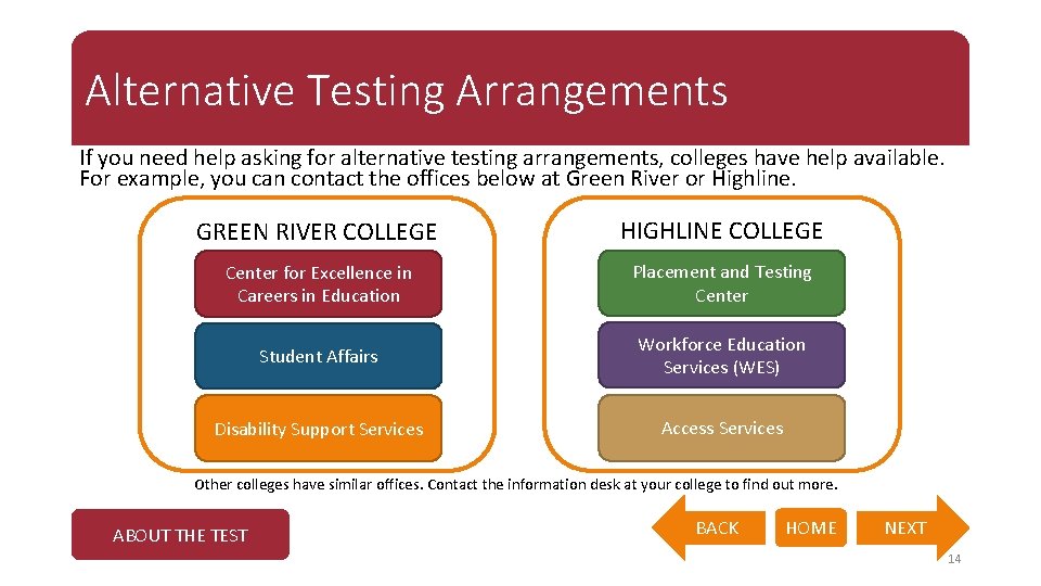 Alternative Testing Arrangements If you need help asking for alternative testing arrangements, colleges have