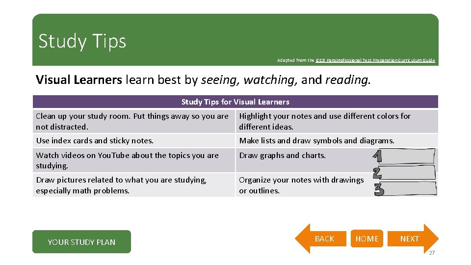 Study Tips Adapted from the ICCB Paraprofessional Test Preparation Curriculum Guide Visual Learners learn