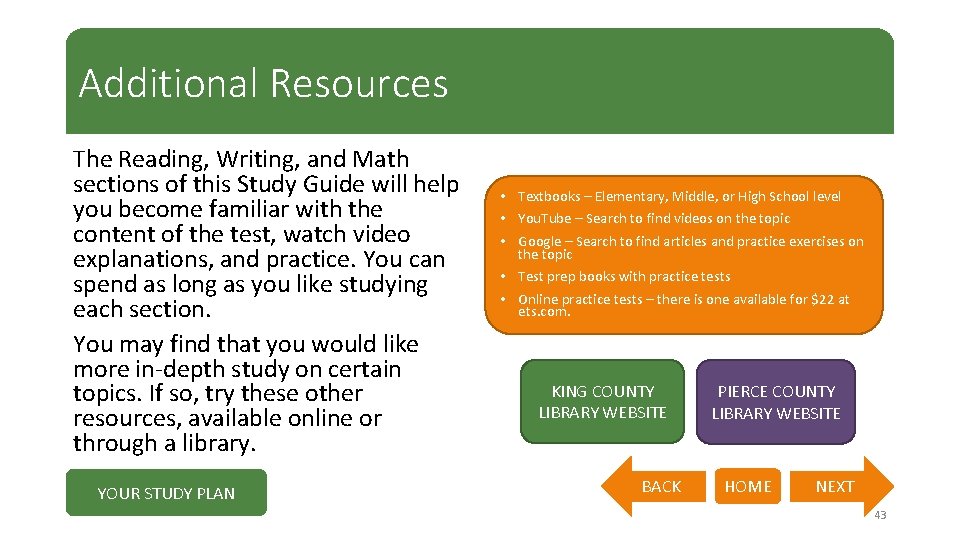Additional Resources The Reading, Writing, and Math sections of this Study Guide will help