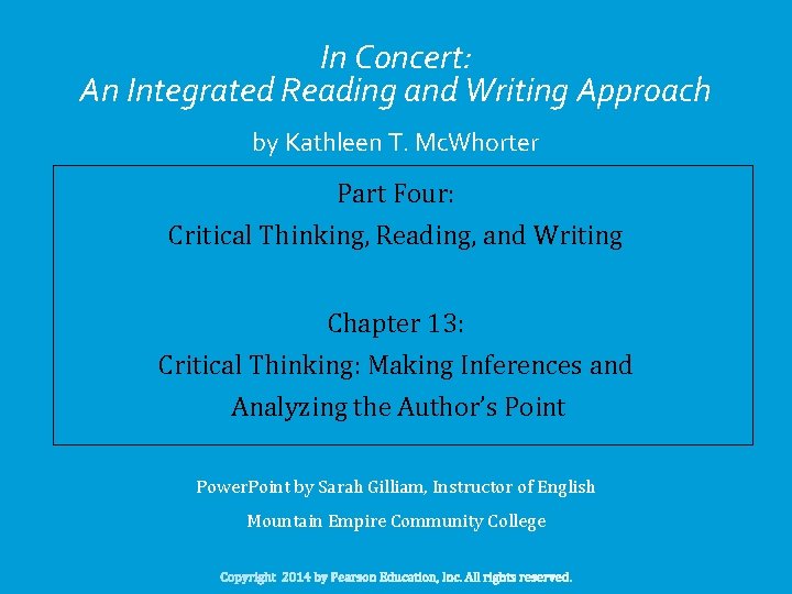 In Concert: An Integrated Reading and Writing Approach by Kathleen T. Mc. Whorter Part