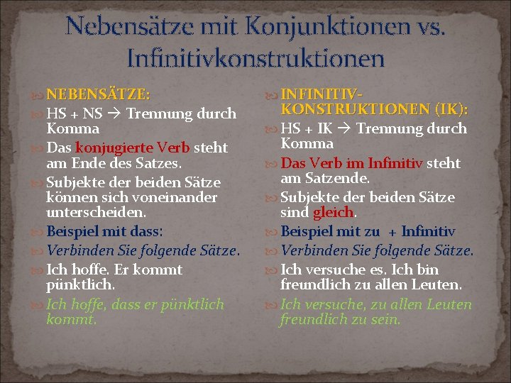 Nebensätze mit Konjunktionen vs. Infinitivkonstruktionen NEBENSÄTZE: HS + NS Trennung durch Komma Das konjugierte