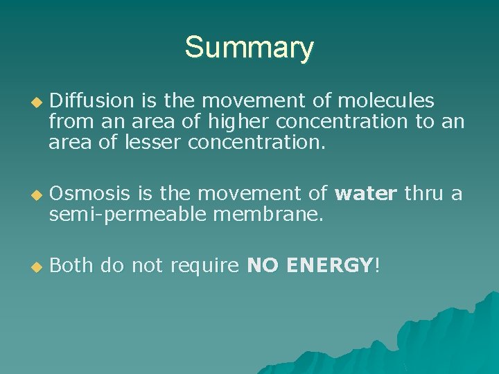 Summary u u u Diffusion is the movement of molecules from an area of