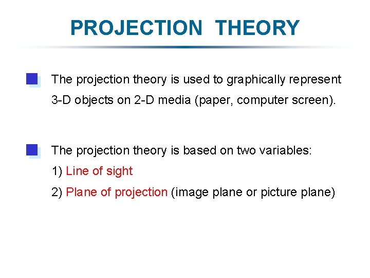 PROJECTION THEORY The projection theory is used to graphically represent 3 -D objects on