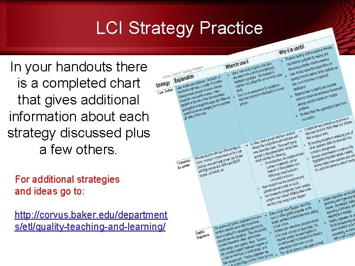 LCI Strategy Practice In your handouts there is a completed chart that gives additional