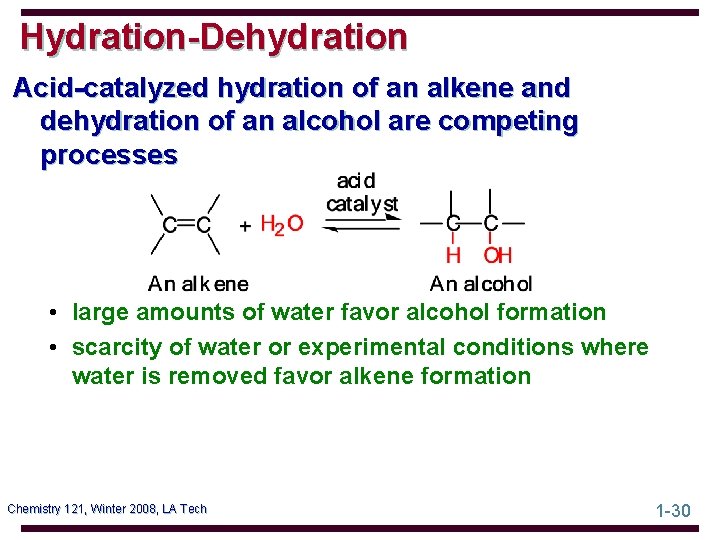 Hydration-Dehydration Acid-catalyzed hydration of an alkene and dehydration of an alcohol are competing processes