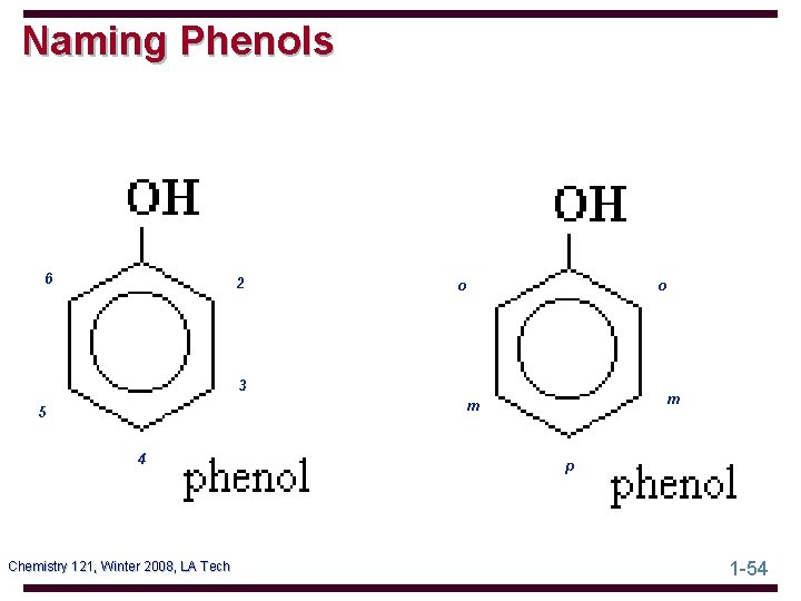 Naming Phenols 6 2 o o 3 m m 5 4 Chemistry 121, Winter
