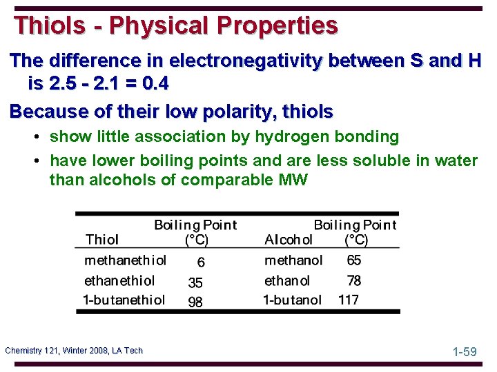 Thiols - Physical Properties The difference in electronegativity between S and H is 2.