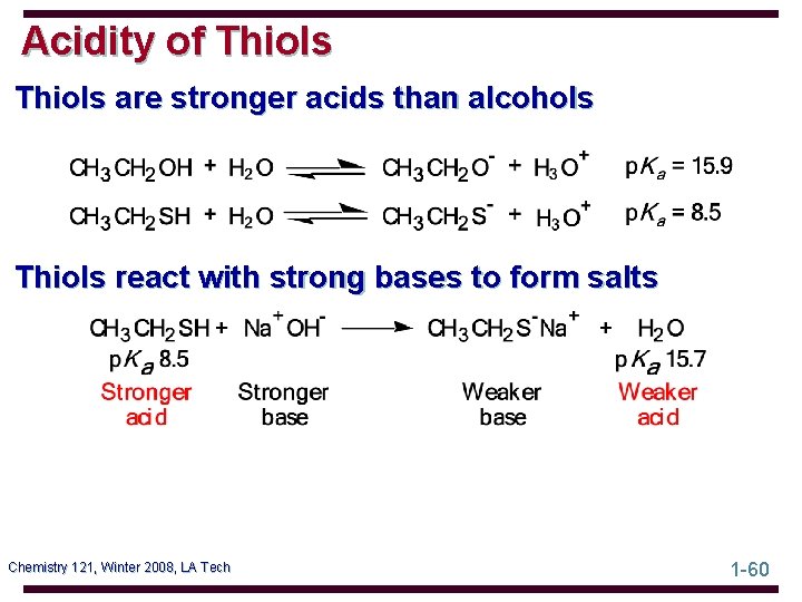 Acidity of Thiols are stronger acids than alcohols Thiols react with strong bases to