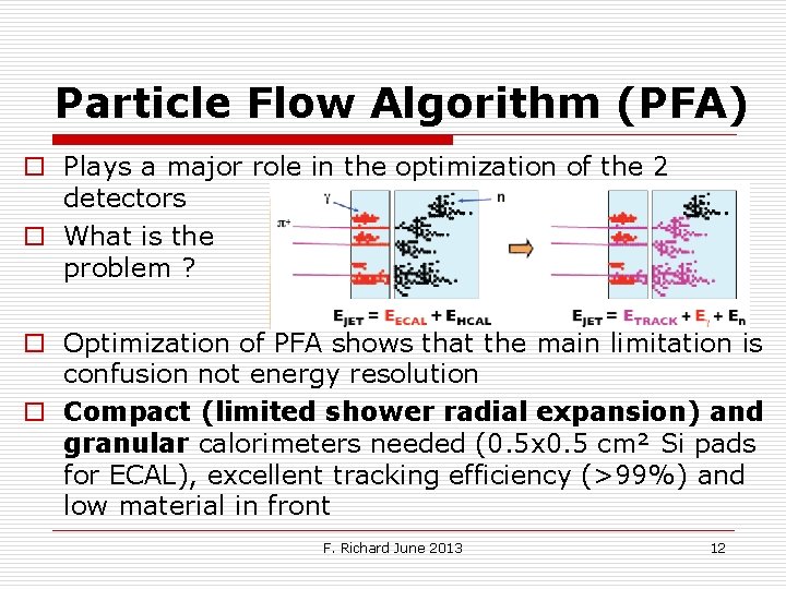 Particle Flow Algorithm (PFA) o Plays a major role in the optimization of the
