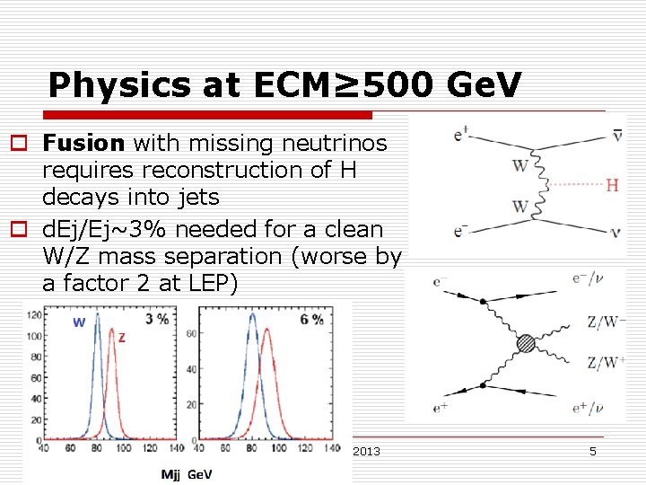 Physics at ECM≥ 500 Ge. V o Fusion with missing neutrinos requires reconstruction of