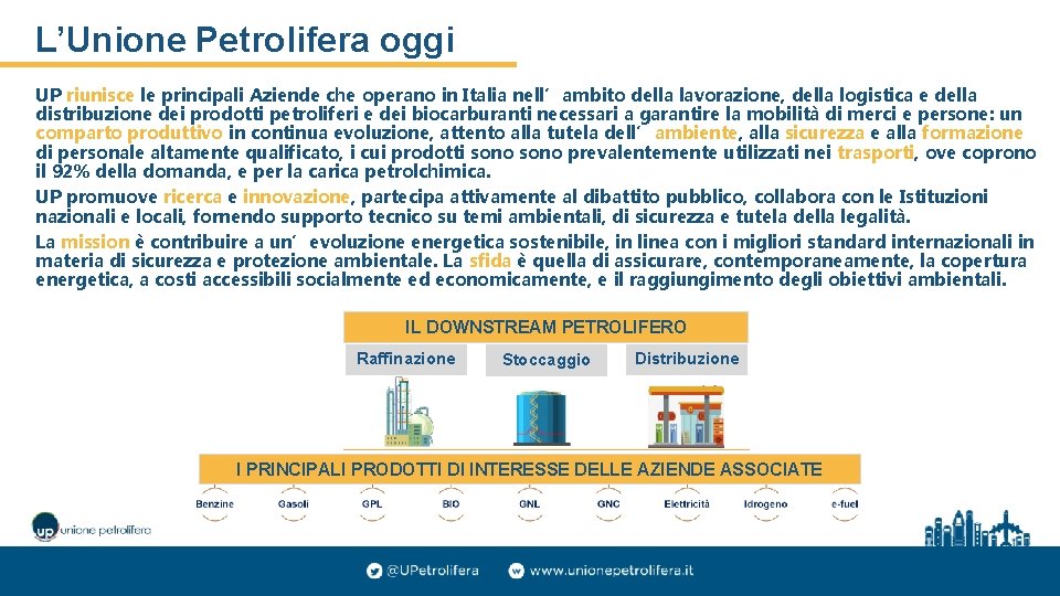 L’Unione Petrolifera oggi UP riunisce le principali Aziende che operano in Italia nell’ambito della