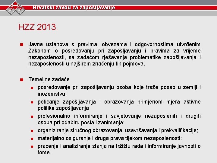 Hrvatski zavod za zapošljavanje HZZ 2013. Javna ustanova s pravima, obvezama i odgovornostima utvrđenim