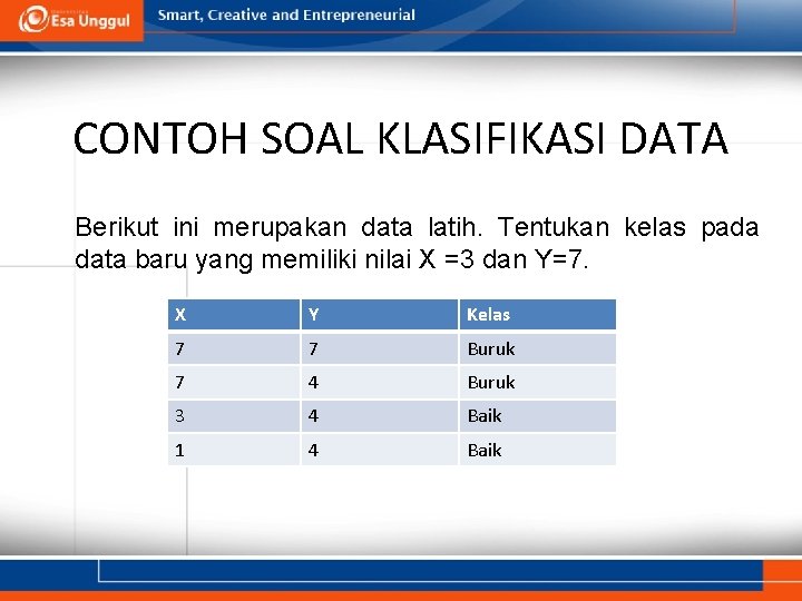 CONTOH SOAL KLASIFIKASI DATA Berikut ini merupakan data latih. Tentukan kelas pada data baru