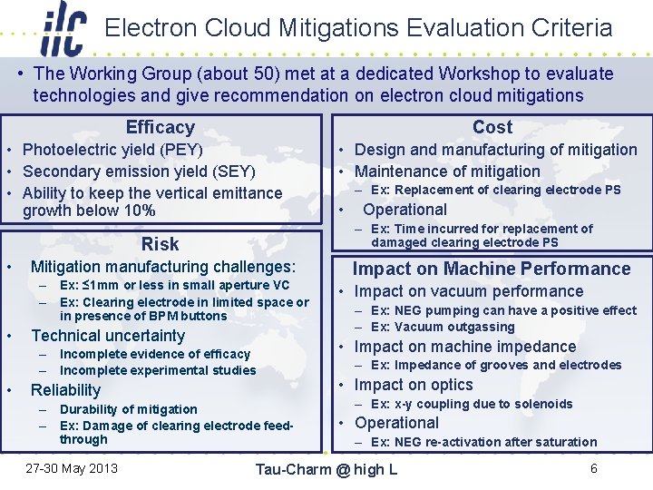 Electron Cloud Mitigations Evaluation Criteria • The Working Group (about 50) met at a