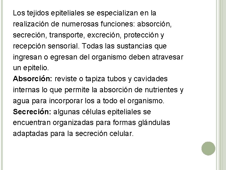 Los tejidos epiteliales se especializan en la realización de numerosas funciones: absorción, secreción, transporte,