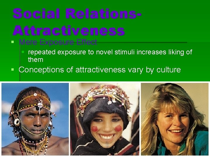 Social Relations. Attractiveness § Mere Exposure Effect § repeated exposure to novel stimuli increases