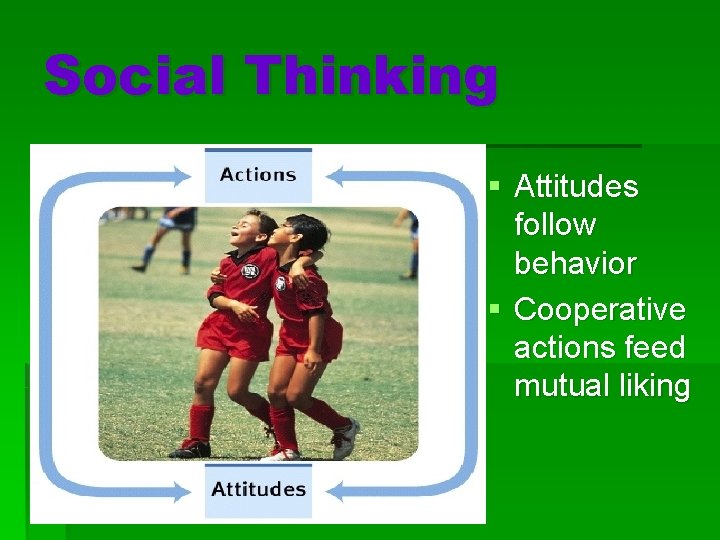 Social Thinking § Attitudes follow behavior § Cooperative actions feed mutual liking 