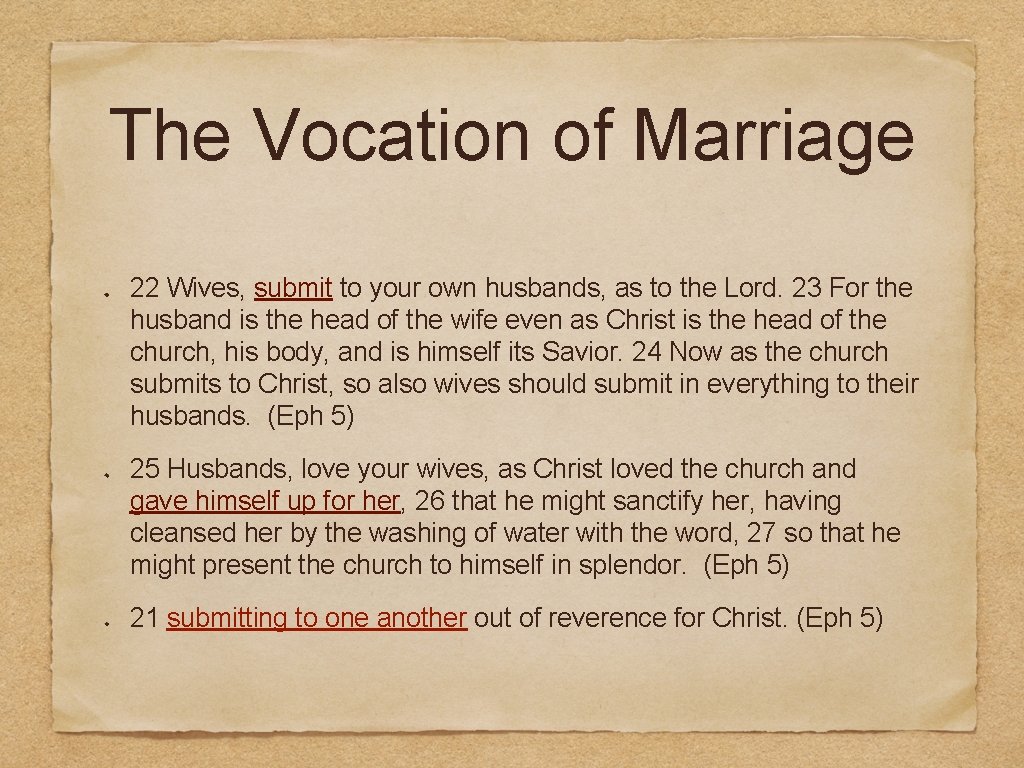 The Vocation of Marriage 22 Wives, submit to your own husbands, as to the