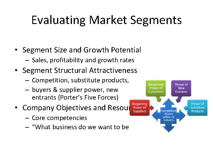 Evaluating Market Segments • Segment Size and Growth Potential – Sales, profitability and growth