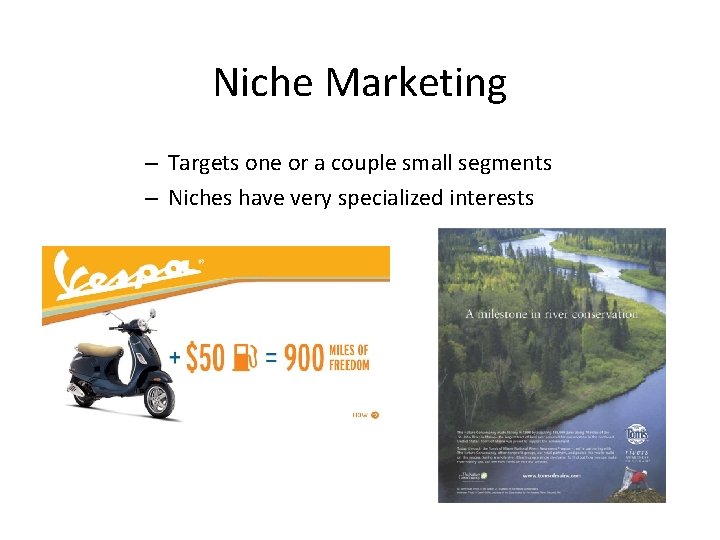 Niche Marketing – Targets one or a couple small segments – Niches have very