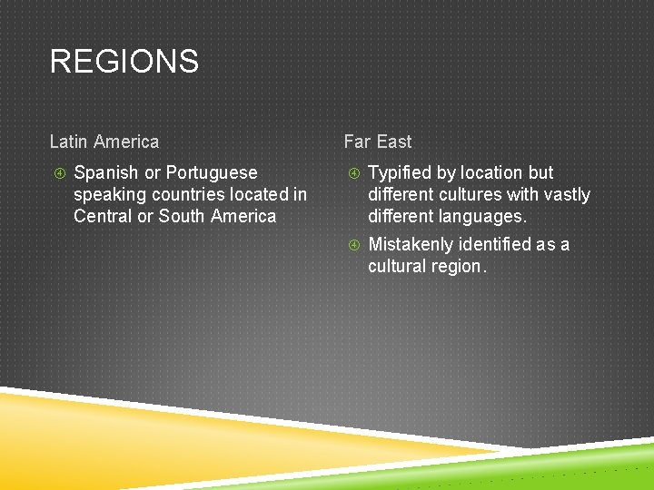 REGIONS Latin America Spanish or Portuguese speaking countries located in Central or South America