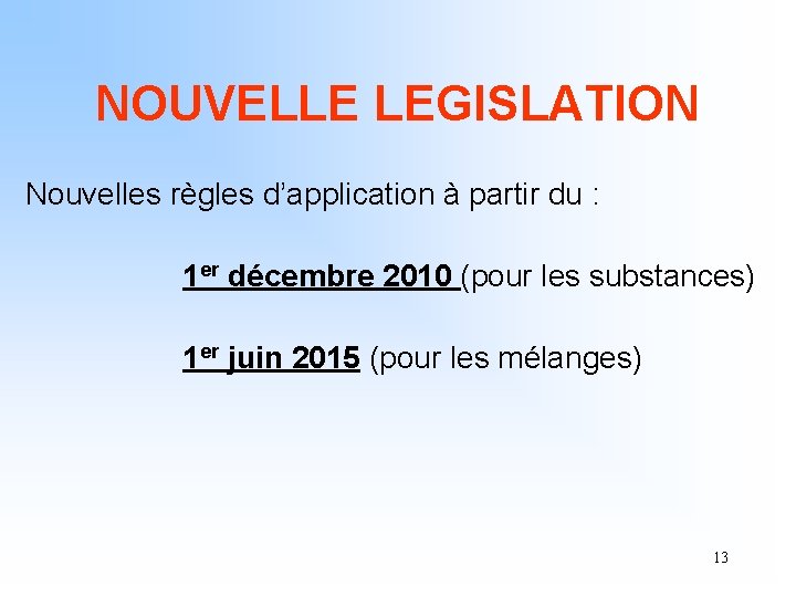 NOUVELLE LEGISLATION Nouvelles règles d’application à partir du : 1 er décembre 2010 (pour