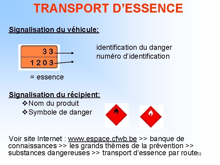 TRANSPORT D’ESSENCE Signalisation du véhicule: identification du danger numéro d’identification = essence Signalisation du