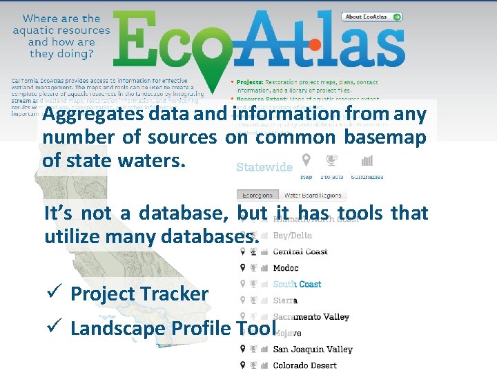 Aggregates data and information from any number of sources on common basemap of state