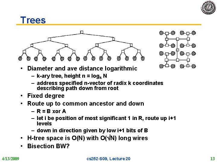 Trees • Diameter and ave distance logarithmic – k-ary tree, height n = logk