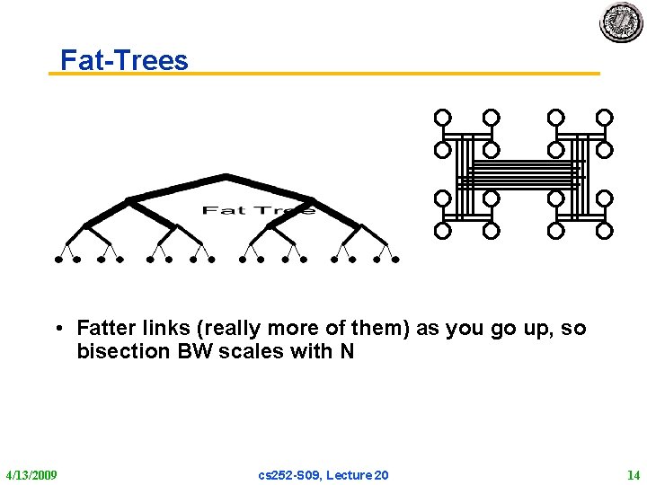 Fat-Trees • Fatter links (really more of them) as you go up, so bisection