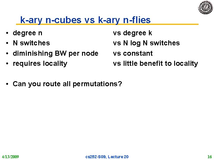 k-ary n-cubes vs k-ary n-flies • • degree n N switches diminishing BW per