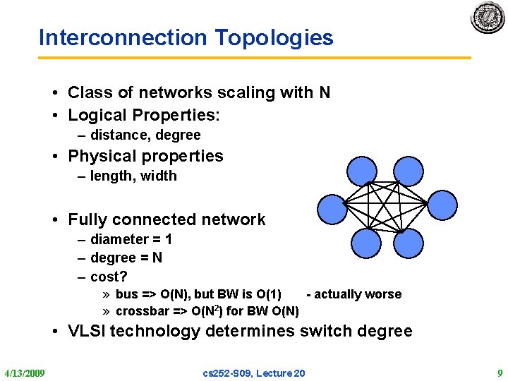 Interconnection Topologies • Class of networks scaling with N • Logical Properties: – distance,