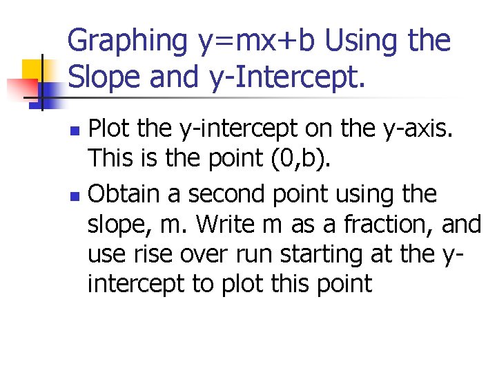 Graphing y=mx+b Using the Slope and y-Intercept. Plot the y-intercept on the y-axis. This