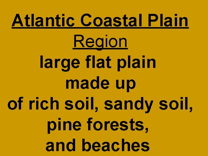 Atlantic Coastal Plain Region large flat plain made up of rich soil, sandy soil,