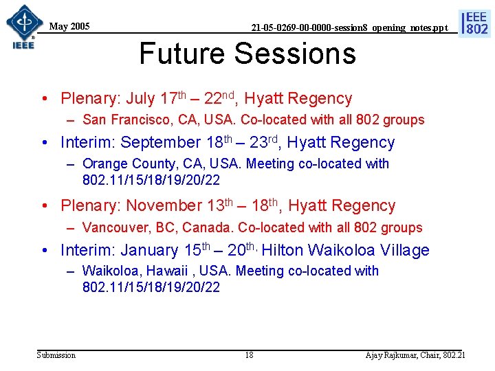 May 2005 21 -05 -0269 -00 -0000 -session 8_opening_notes. ppt Future Sessions • Plenary: