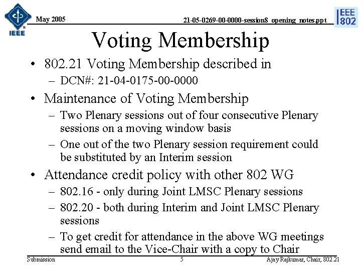 May 2005 21 -05 -0269 -00 -0000 -session 8_opening_notes. ppt Voting Membership • 802.