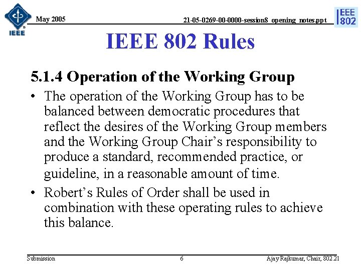 May 2005 21 -05 -0269 -00 -0000 -session 8_opening_notes. ppt IEEE 802 Rules 5.