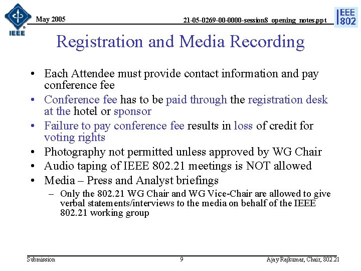 May 2005 21 -05 -0269 -00 -0000 -session 8_opening_notes. ppt Registration and Media Recording