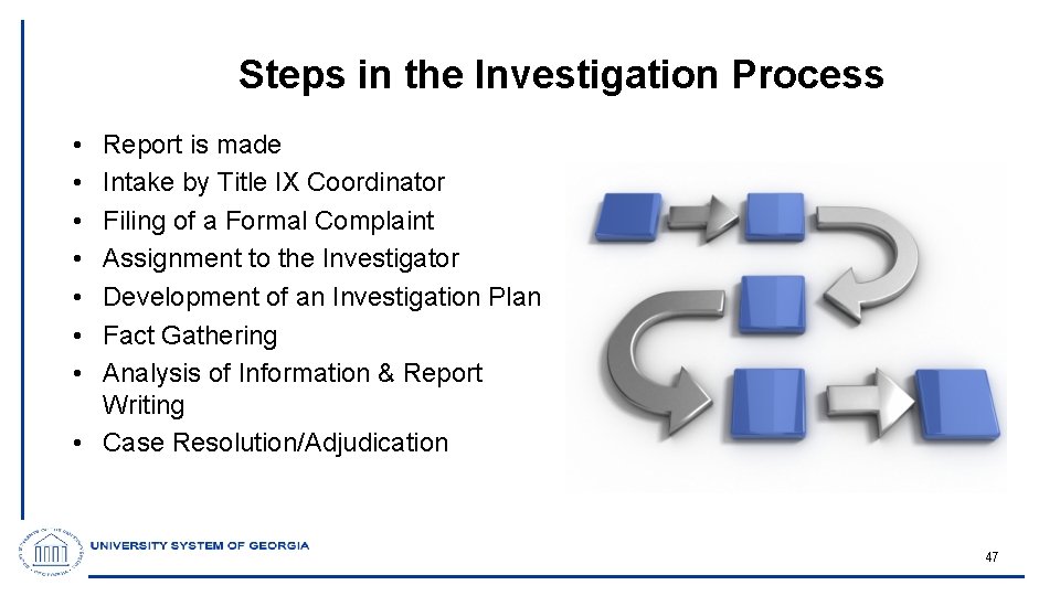 Steps in the Investigation Process • • Report is made Intake by Title IX