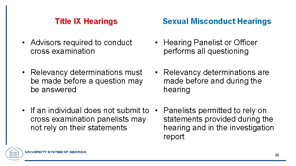 Title IX Hearings Sexual Misconduct Hearings • Advisors required to conduct cross examination •