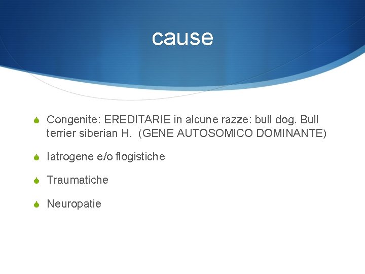 cause S Congenite: EREDITARIE in alcune razze: bull dog. Bull terrier siberian H. (GENE