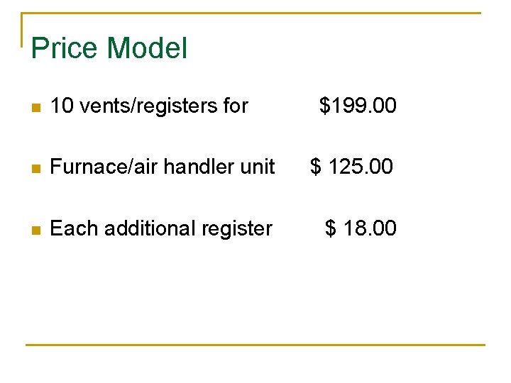 Price Model n 10 vents/registers for $199. 00 n Furnace/air handler unit $ 125.