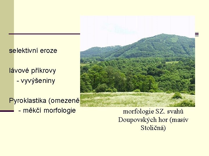 selektivní eroze lávové příkrovy - vyvýšeniny Pyroklastika (omezeně) - měkčí morfologie SZ. svahů Doupovských