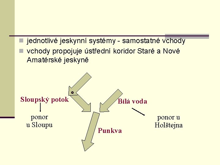 n jednotlivé jeskynní systémy - samostatné vchody n vchody propojuje ústřední koridor Staré a