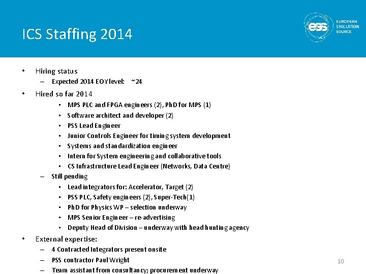 ICS Staffing 2014 • Hiring status – Expected 2014 EOY level: ~24 • Hired