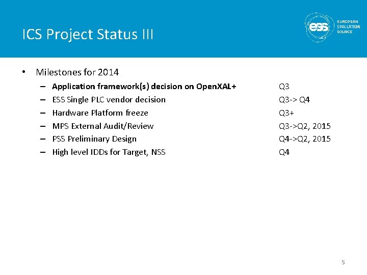 ICS Project Status III • Milestones for 2014 – – – Application framework(s) decision
