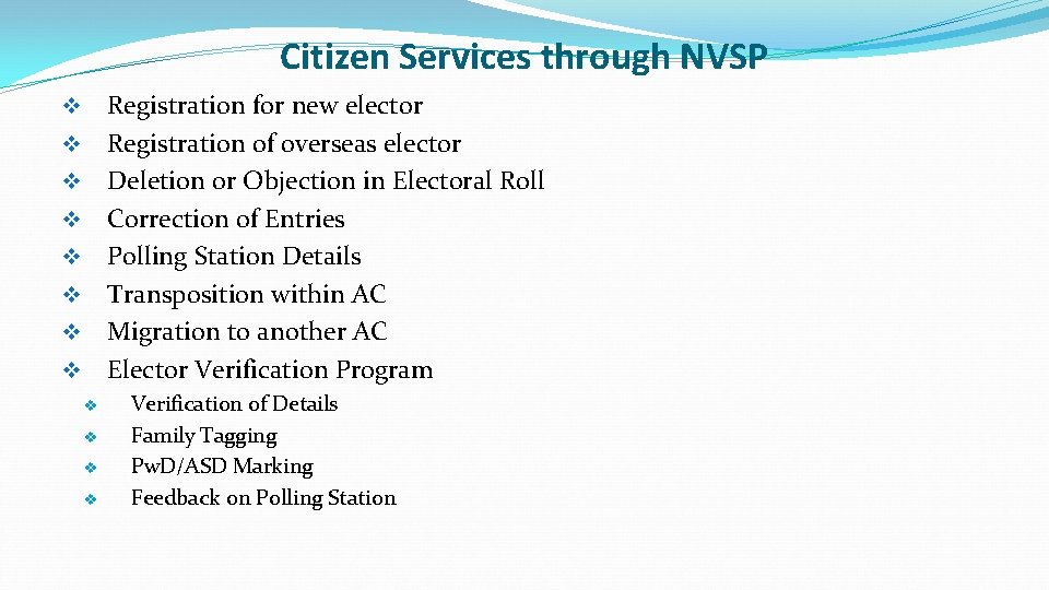 Citizen Services through NVSP Registration for new elector Registration of overseas elector Deletion or