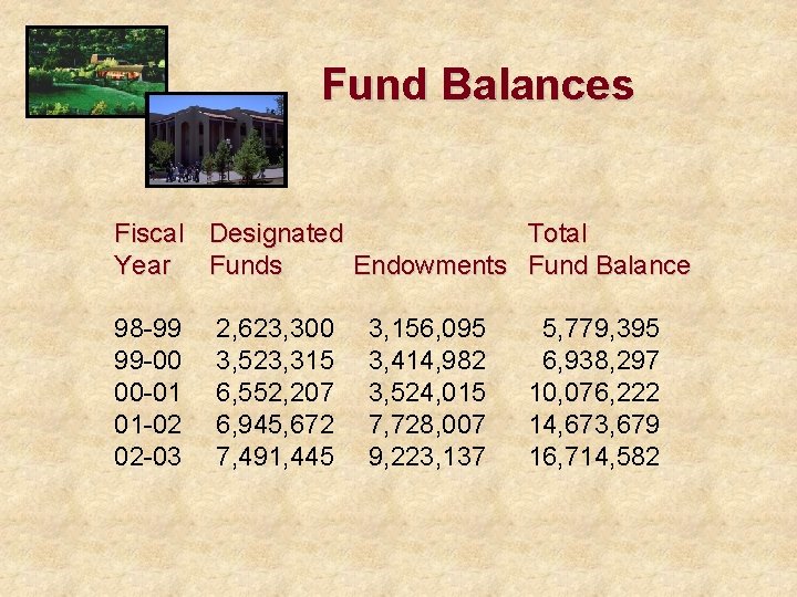 Fund Balances Fiscal Designated Total Year Funds Endowments Fund Balance 98 -99 99 -00